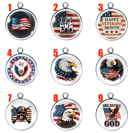 Patriotic glass cabochon charms featuring American flag, eagles, and veteran designs for jewelry making