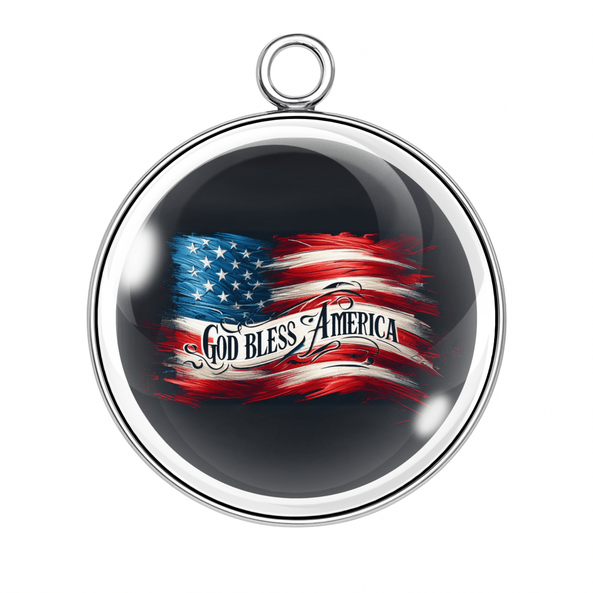 STYLE 1: God Bless America glass charm with waving flag on black background