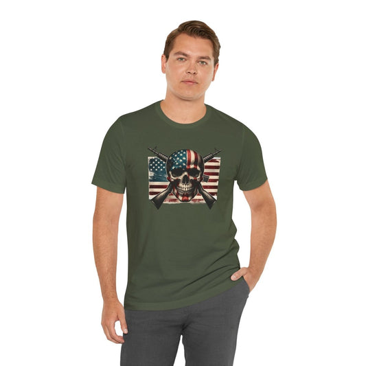 Patriotic Skull & Guns T-Shirt – Bold American Flag Rebel Tee