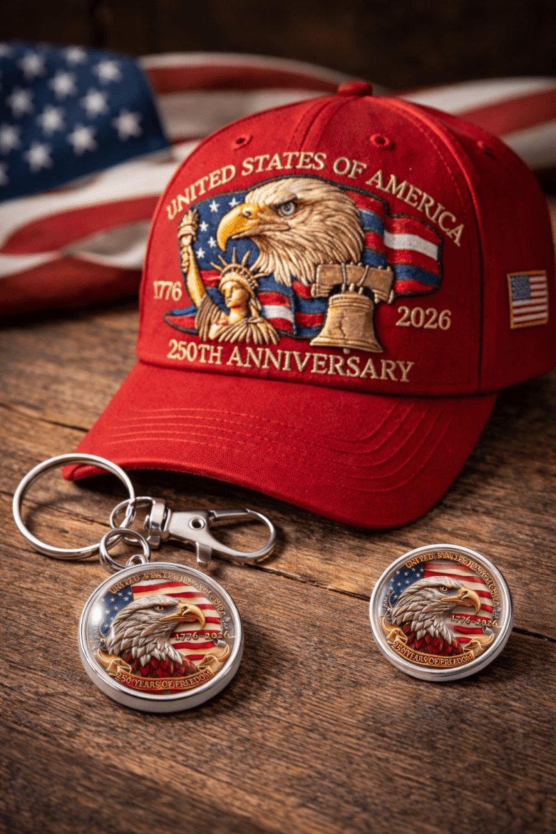 Red cap with American bald eagle design, keychain, and coin on wooden surface with American flag in background