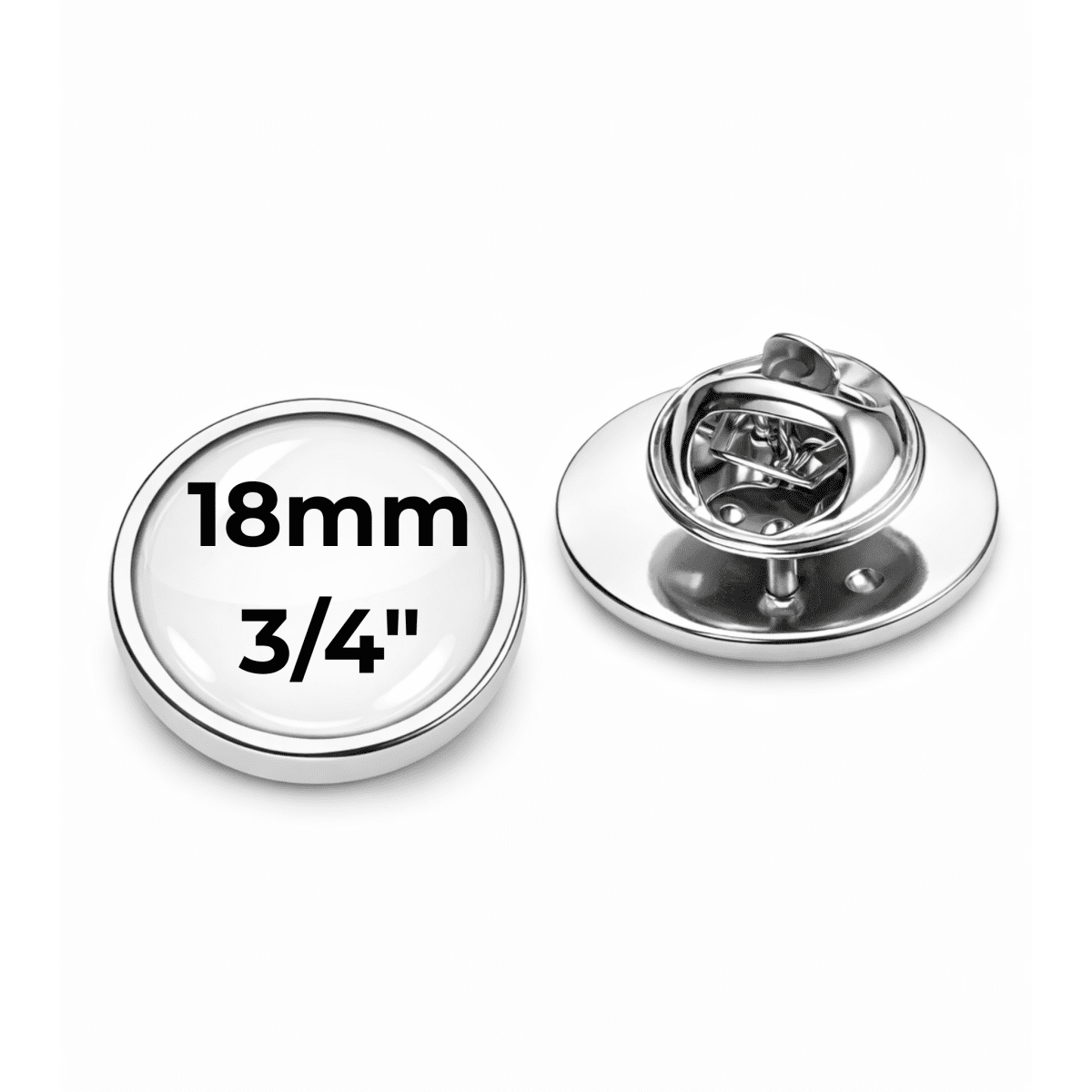 Silver brooch with a clear gemstone and measurement label on a white background