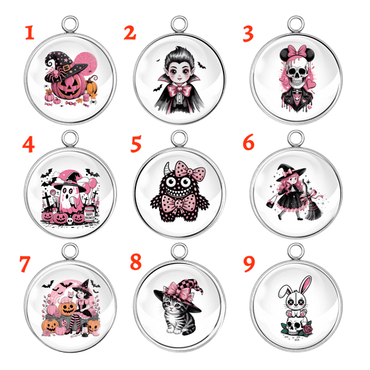 Group photo of 9 pink spooky Halloween charms featuring witches, ghosts, skeletons, monsters, pumpkins, a cat, and a gothic bunny.