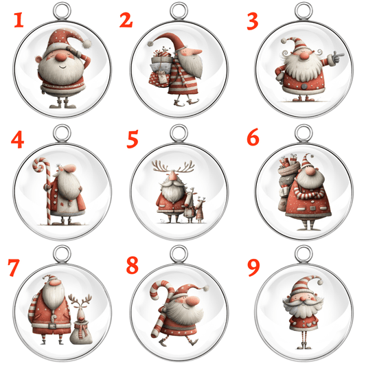 Set of 9 quirky Christmas Santa charms featuring whimsical gnome and reindeer designs, handmade glass cabochon jewelry pieces