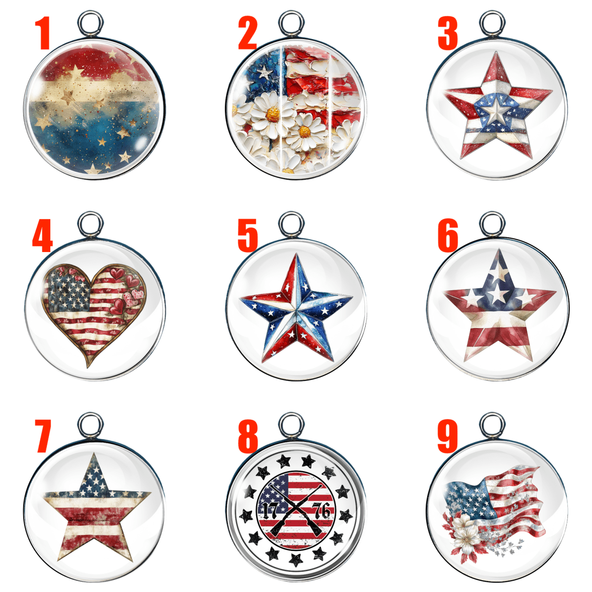 "Set of 9 round patriotic-themed charms featuring stars, stripes, flowers, and American flag designs in a glossy cabochon finish."