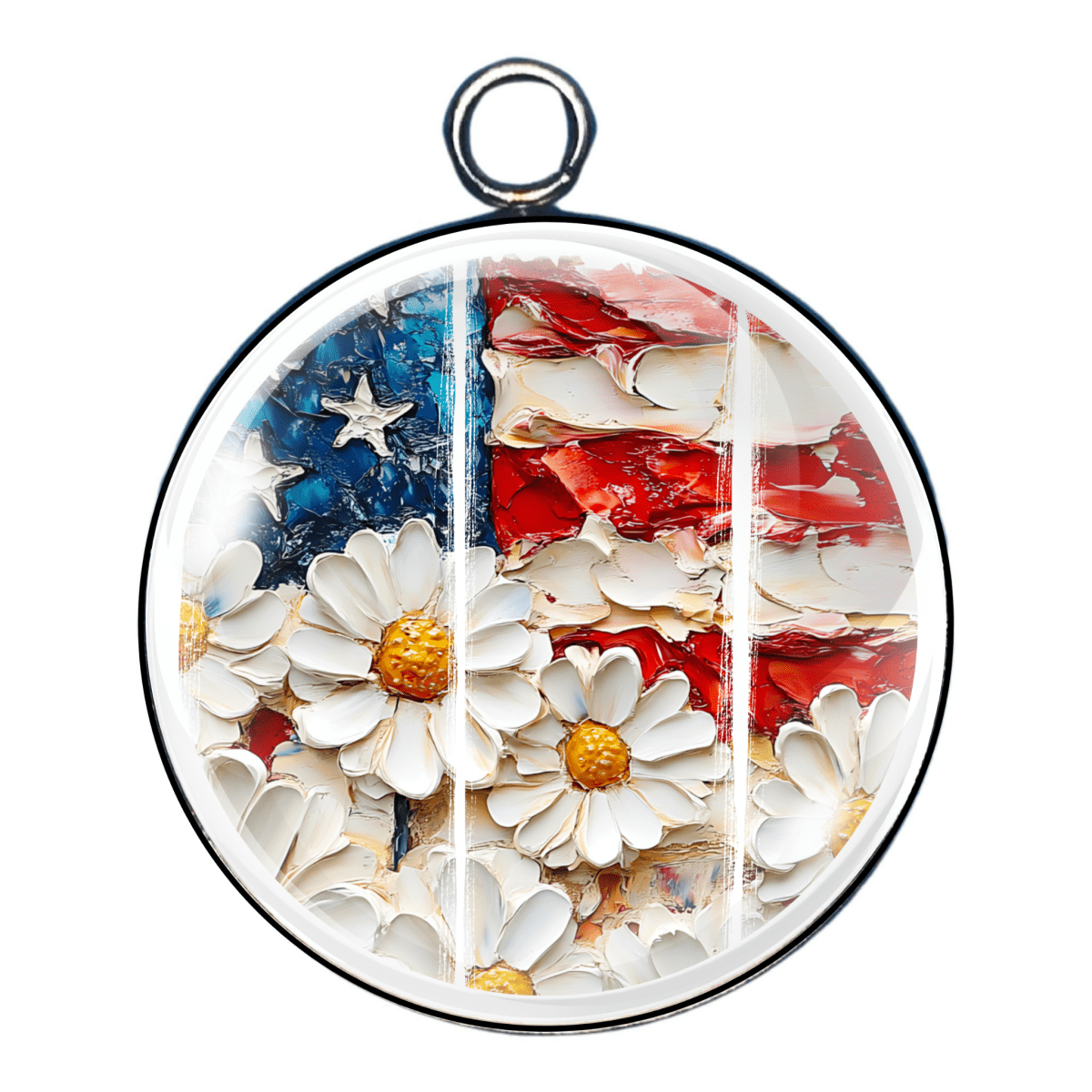 Daisy Dukes & Stripes Charm – “American flag with white daisies for a floral, freedom-loving twist.”