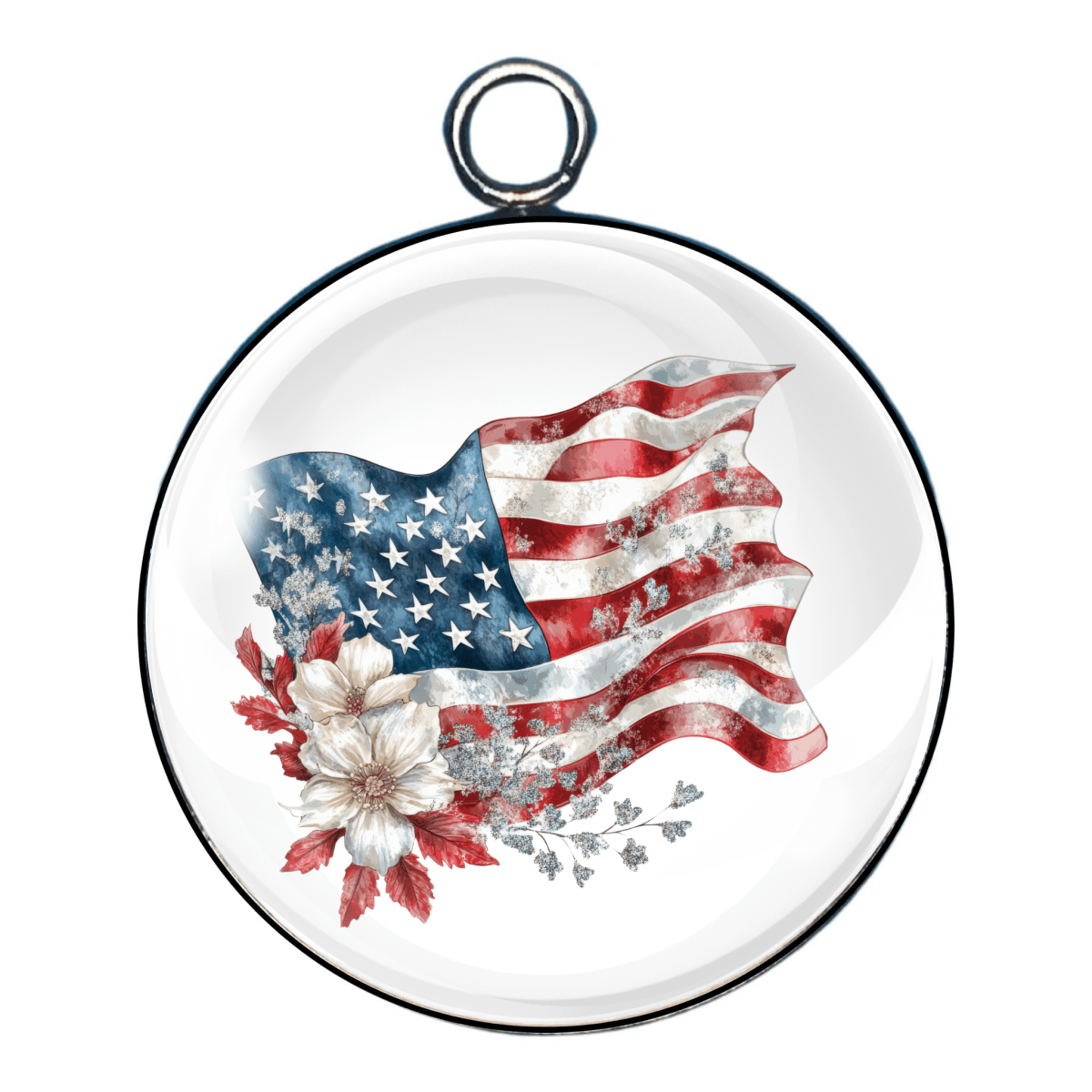 Stars, Stripes & Petals Charm – “Waving American flag paired with white flowers in a feminine patriotic combo.”