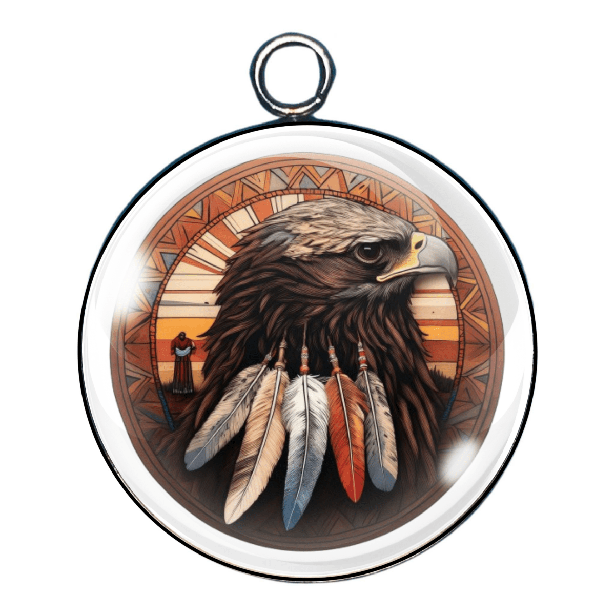 Glass charm showing a realistic eagle with decorative feathers and tribal motifs in a sepia desert sunset scene.