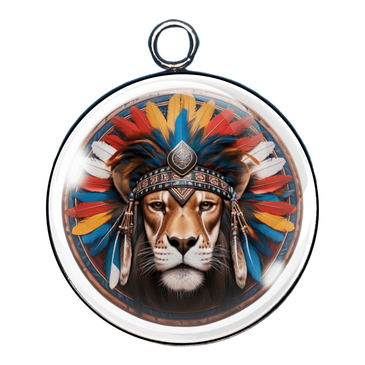 Glass charm of a stoic lion in bright tribal headdress with rich blue, orange, and red tones.