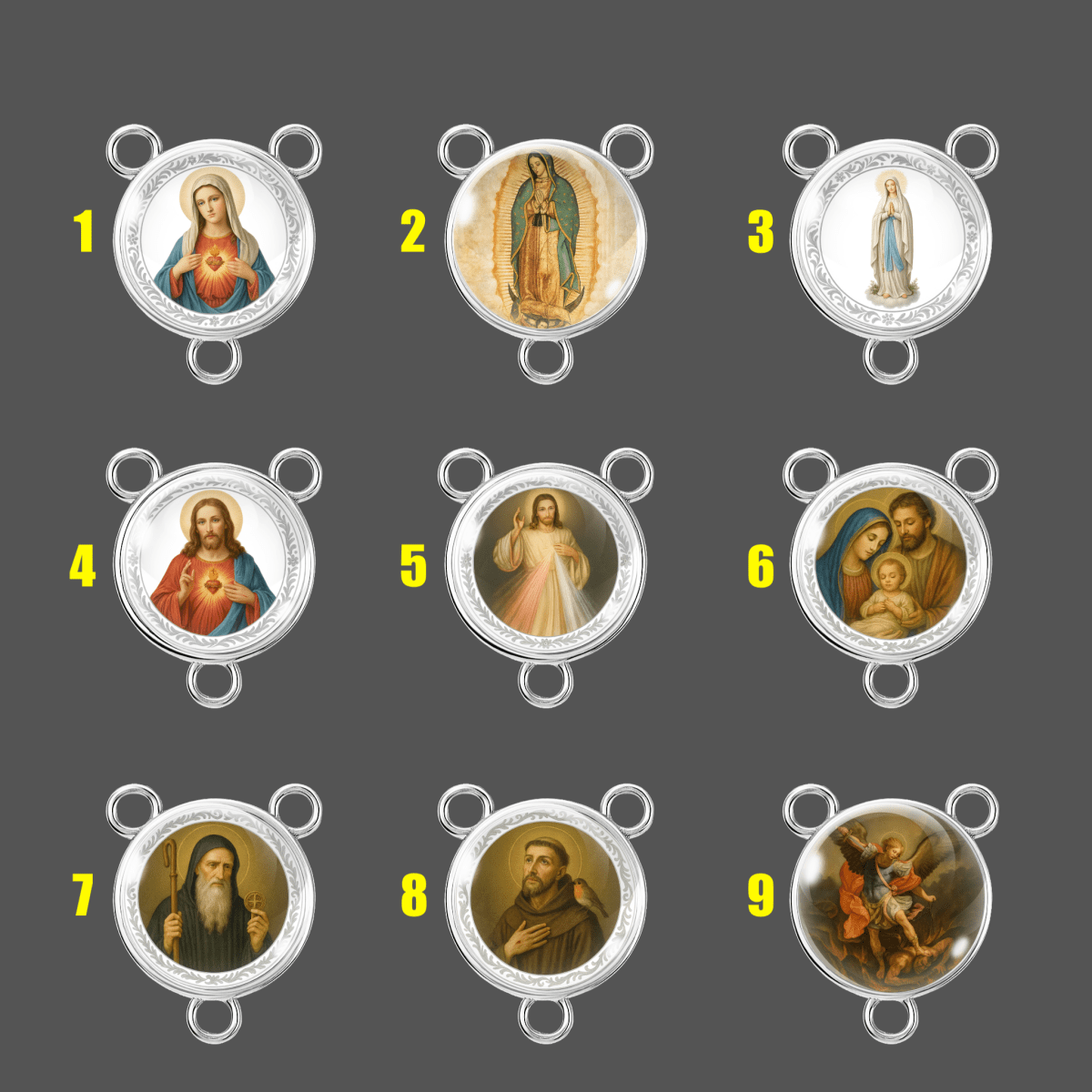 “Set of 9 Tibetan silver rosary centers with crystal-clear 18 mm glass cabochons featuring traditional Catholic devotional images including the Immaculate Heart of Mary, Our Lady of Guadalupe, Our Lady of Lourdes, Sacred Heart of Jesus, Divine Mercy Jesus, Holy Family, St. Benedict, St. Francis of Assisi, and St. Michael the Archangel.”