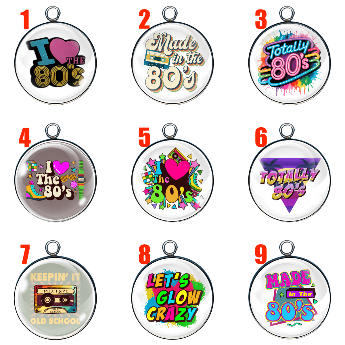 A set of nine colorful 1980s-themed glass cabochon charms in silver settings, numbered 1 through 9 for selection.