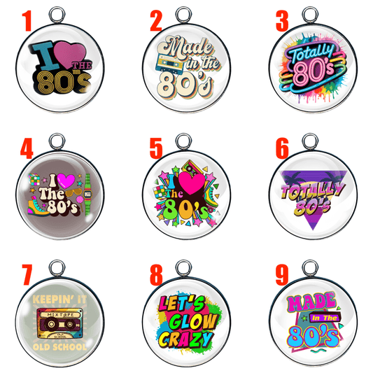 A set of nine colorful 1980s-themed glass cabochon charms in silver settings, numbered 1 through 9 for selection.