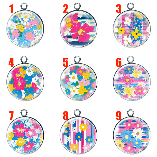 "Nine retro-style floral glass cabochon charms, each numbered 1–9, featuring colorful daisy and wildflower designs with vibrant backgrounds in blue, pink, yellow, and white."