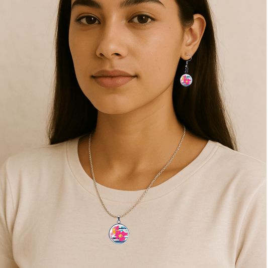 Retro Pink & Blue Flower Jewelry Set – 20" Stainless Steel Necklace & Matching Earrings with Glass Cabochons
