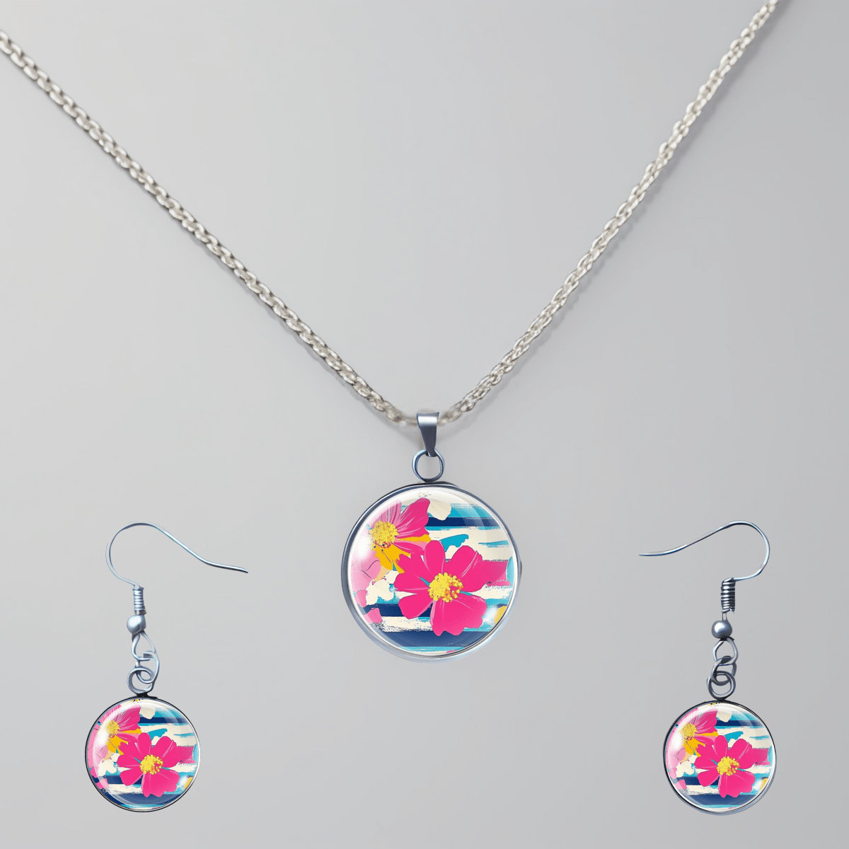 Retro Pink & Blue Flower Jewelry Set – 20" Stainless Steel Necklace & Matching Earrings with Glass Cabochons