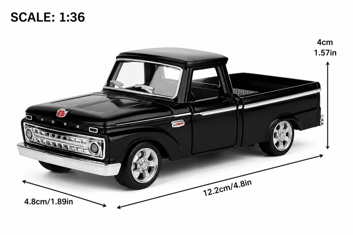 Black 1:36 scale model Ford pickup truck with dimension lines showing length, width, and height measurements on a white background.