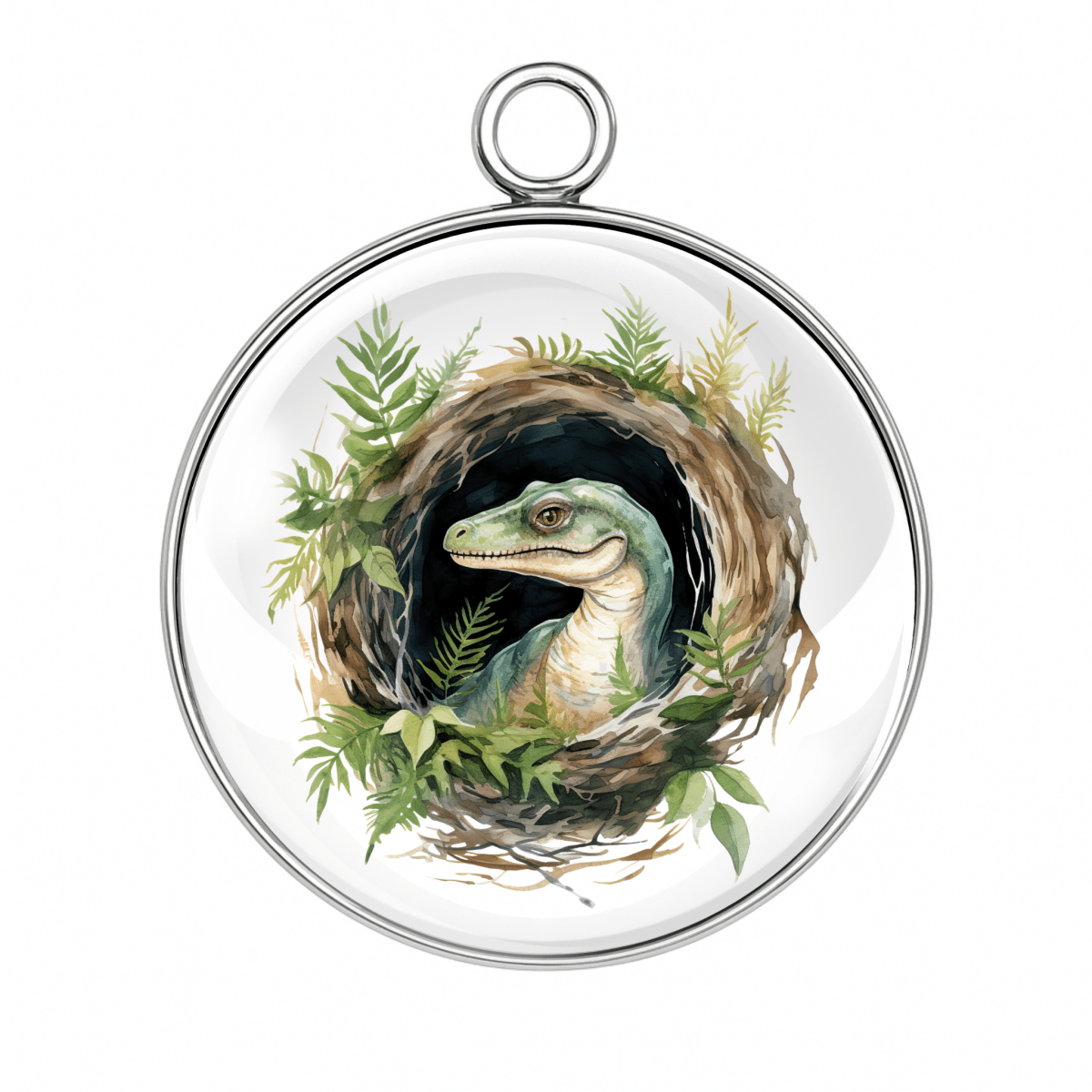 Dinosaur peeking from a nest glass cabochon charm