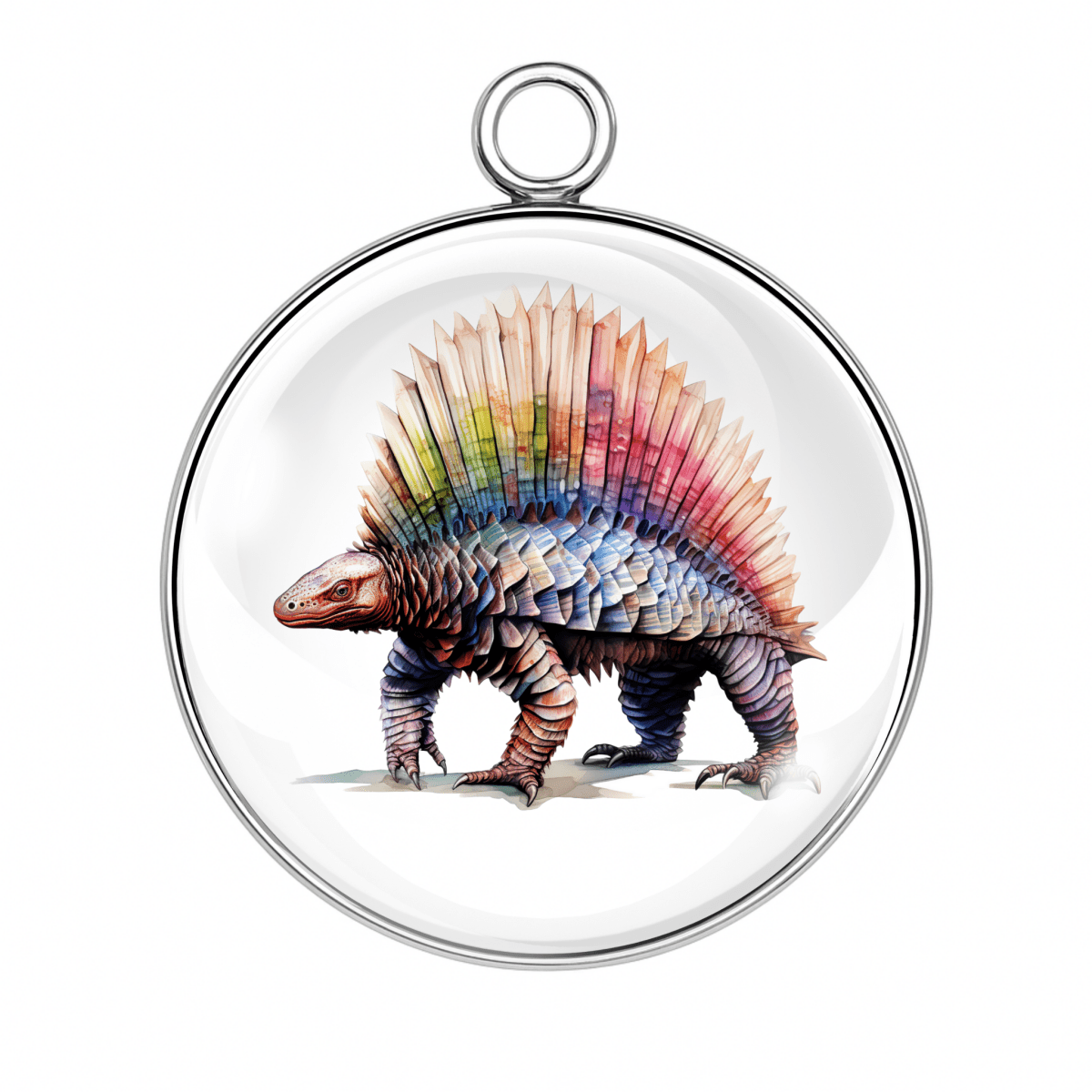 Rainbow-spined dinosaur glass cabochon charm