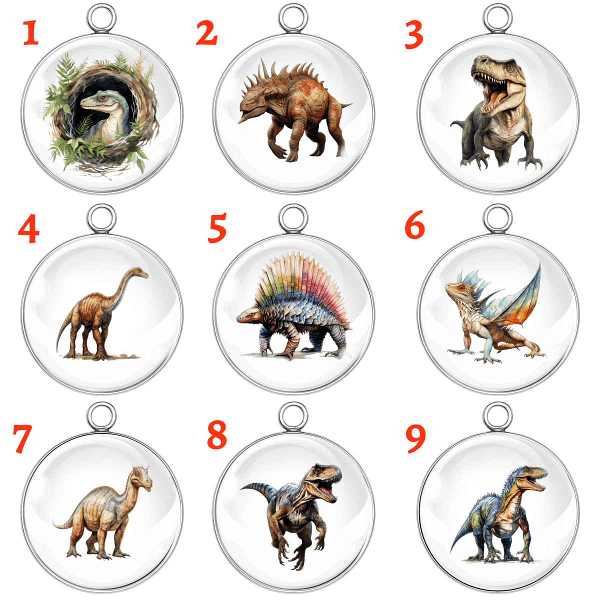 Set of 9 dinosaur-themed glass cabochon charms in stainless steel settings