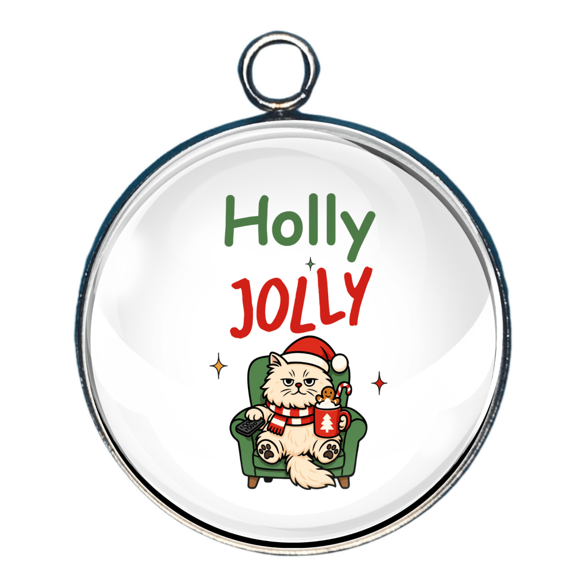 “Charm with Santa in chair and text ‘Holly Jolly’.”