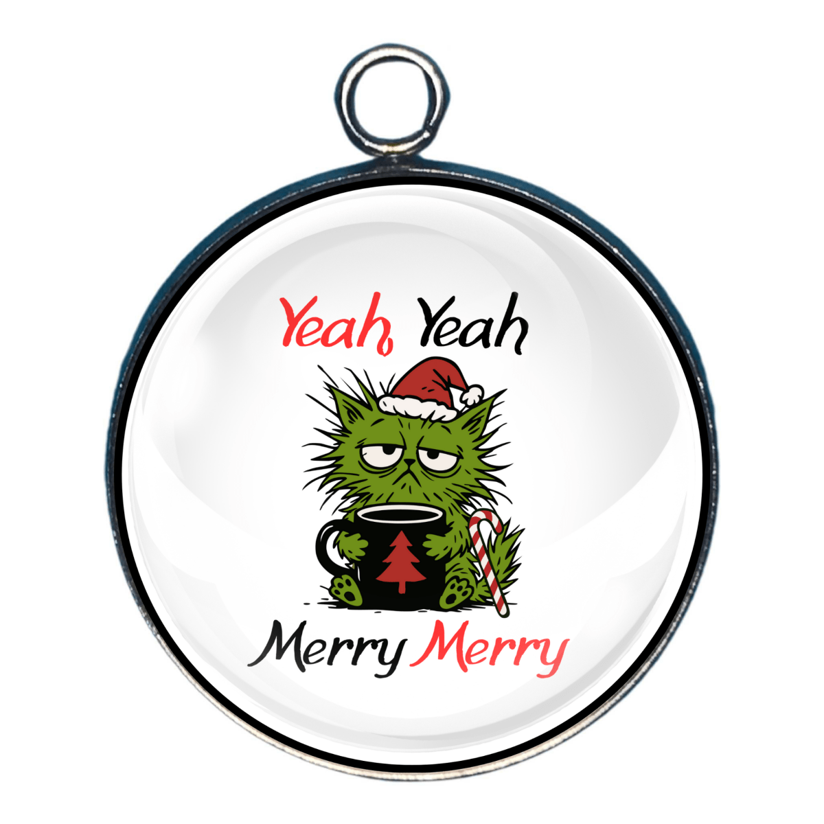 “Charm with grumpy green cat and text ‘Yeah Yeah Merry Merry’.”