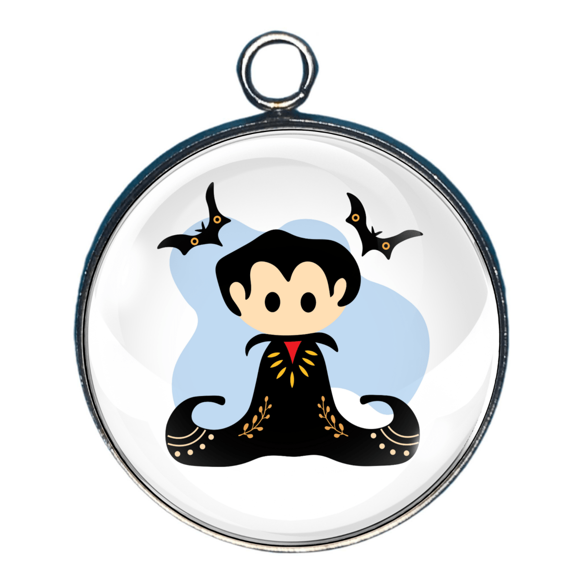 Charm of a nordic style designed vampire with bats in the background.