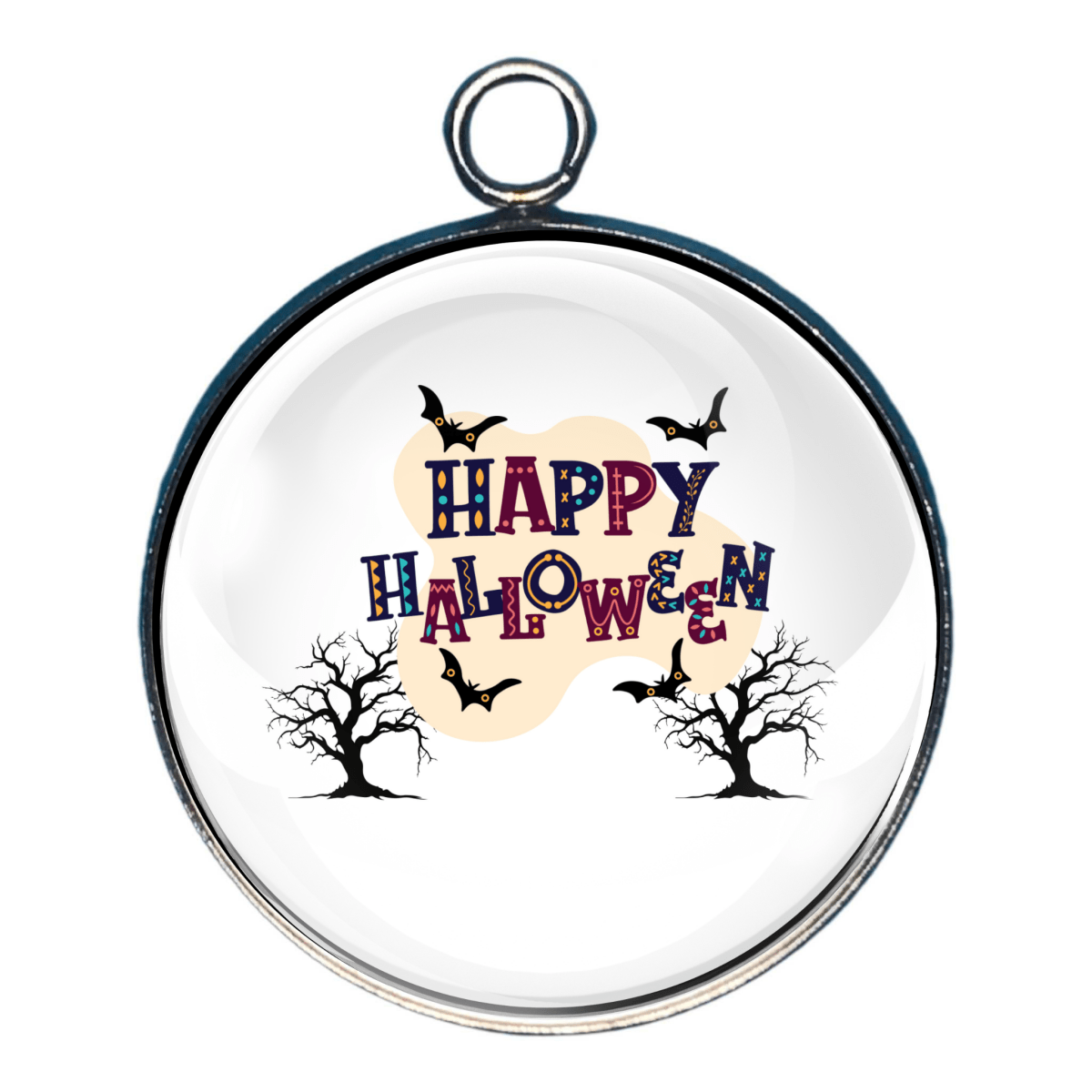 Charm of a 'Happy Halloween' text, bats, and trees on a white background.