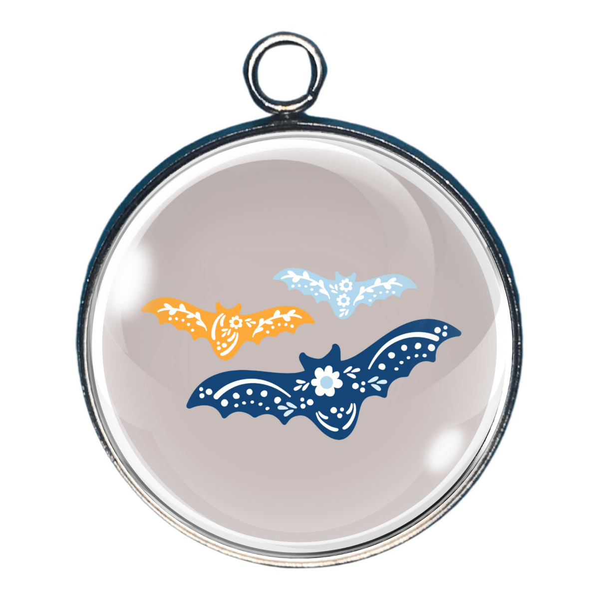 Charm of a Scandinavian design bats in nordic dark blue, light blue and orange on a light grey background.
