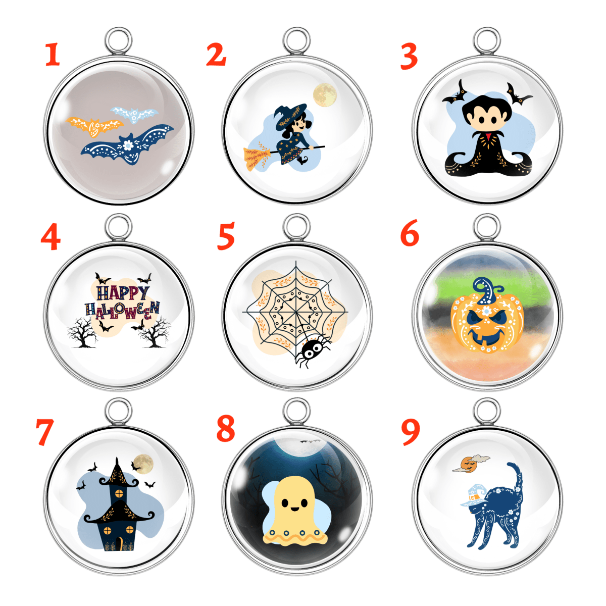 Set of 9 Scandinavian Halloween charms. Such as a bat, ghost, cat, spiderweb, witch, and vampire in Nordic fall colors
