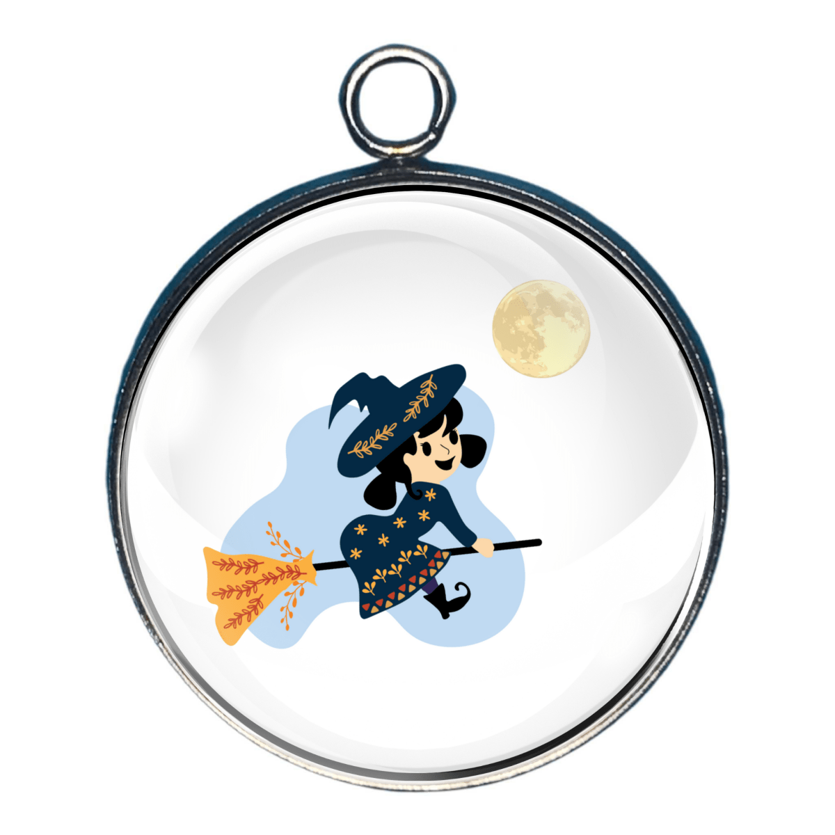 Charm of a Nordic designed witch on a broomstick with a moon in the sky.