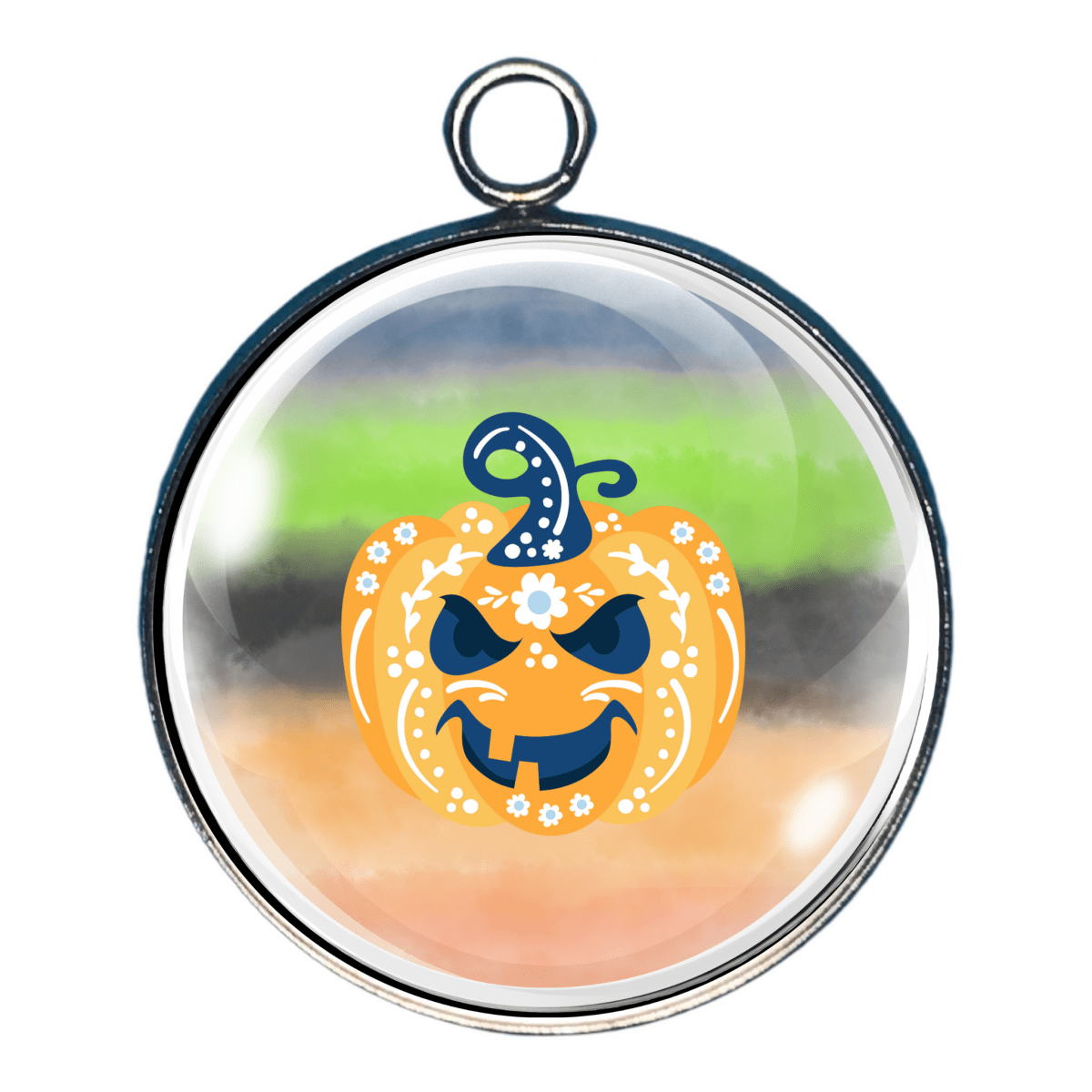 Charm of a nordic style evil looking pumpkin with a color striped background.