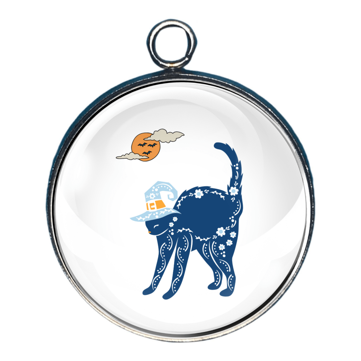 Charm of a nordic styled blue/ black cat design with a moon and cloud illustration on a white background