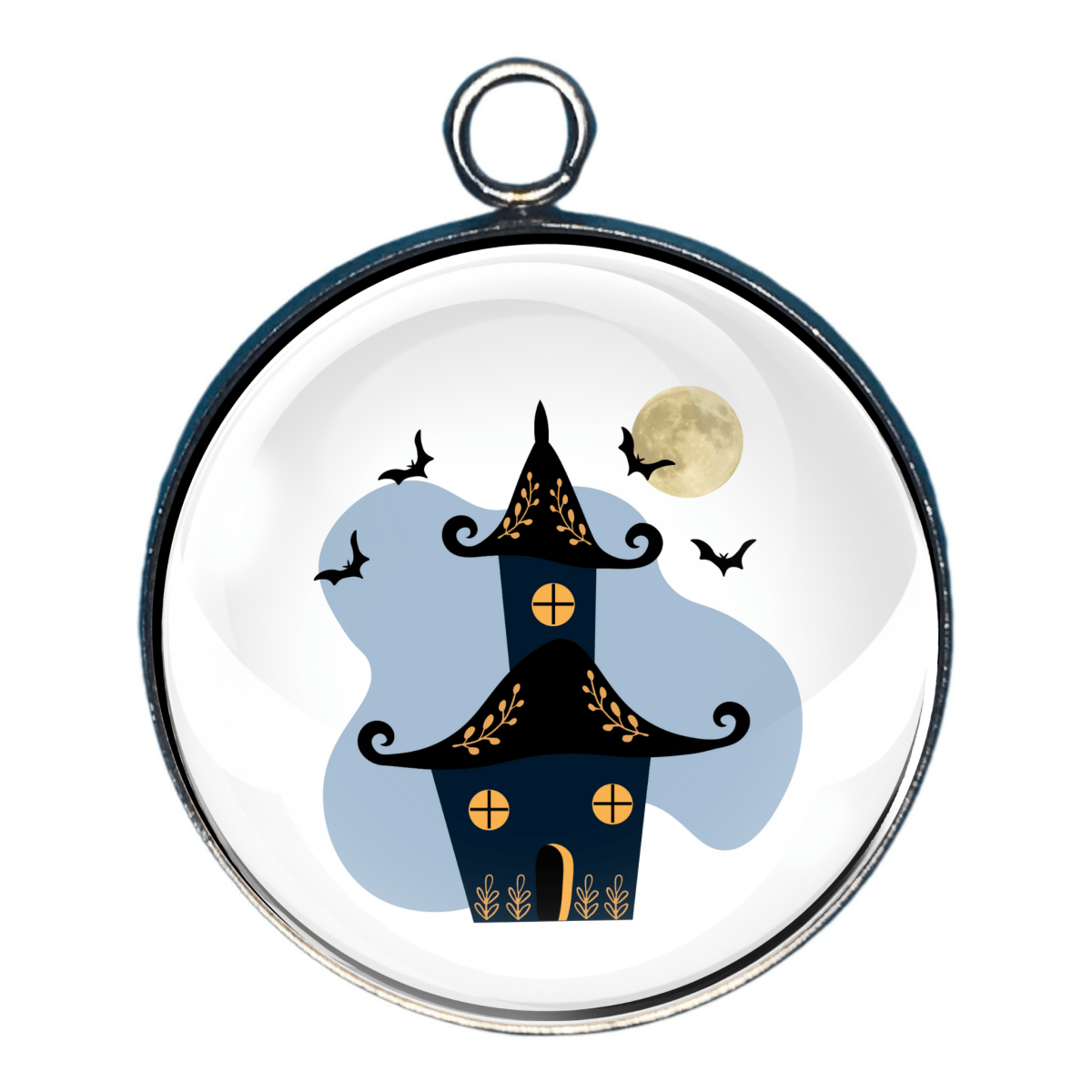 Charm of a nordic designed haunted house with bats and the moon in the background.