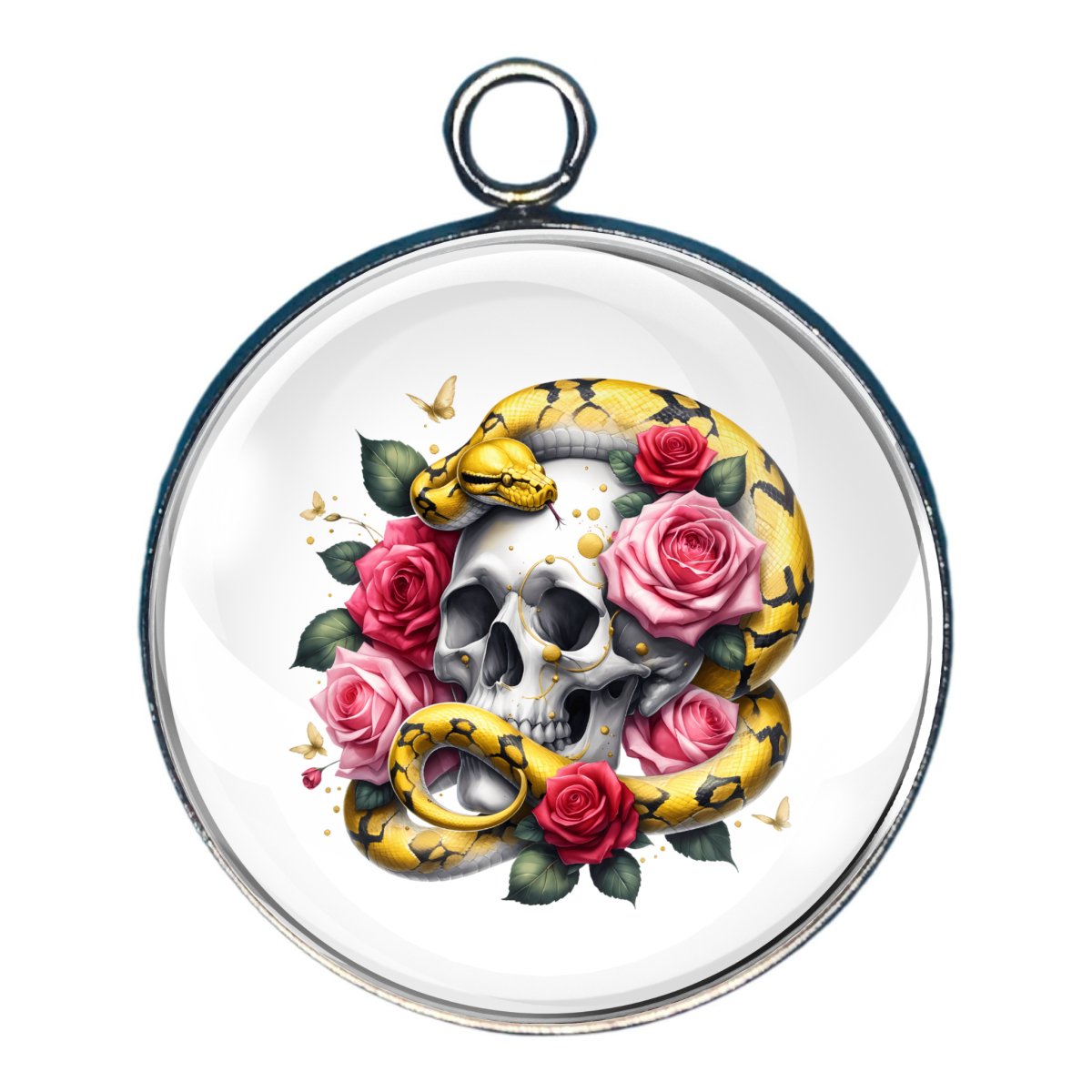 Charm of a skull with a yellow and black snake. Pink and red rose accents