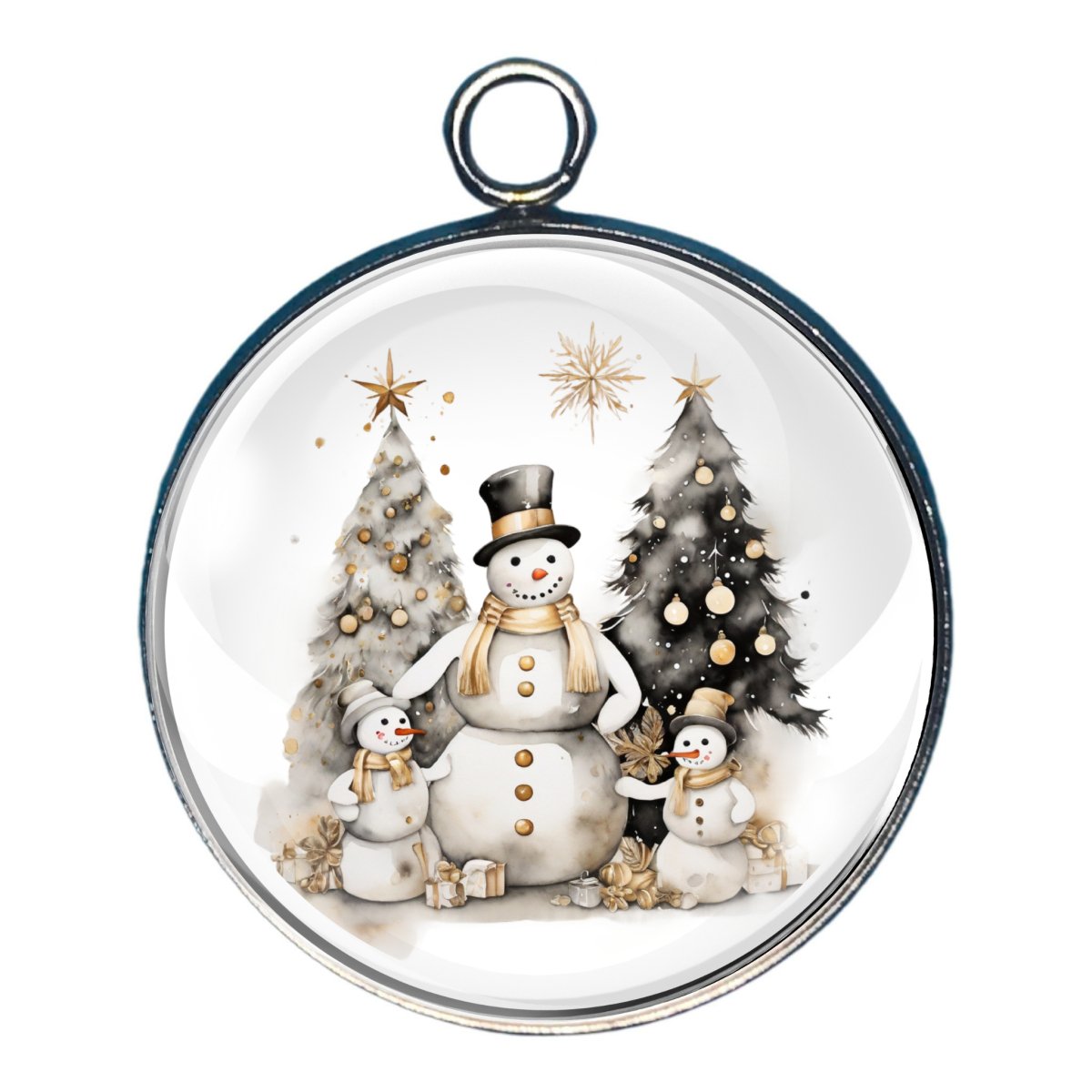 Charm of a snowman family with a christmas tree