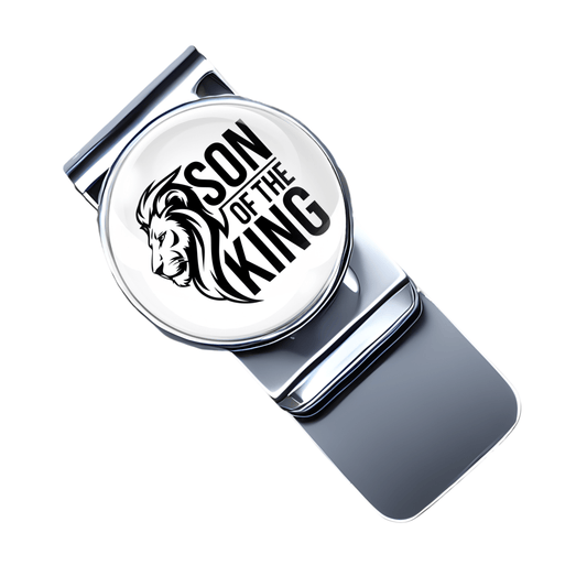 Stainless steel money clip with bold "Son of the King" design and lion graphic, topped with a 25mm glass cabochon.