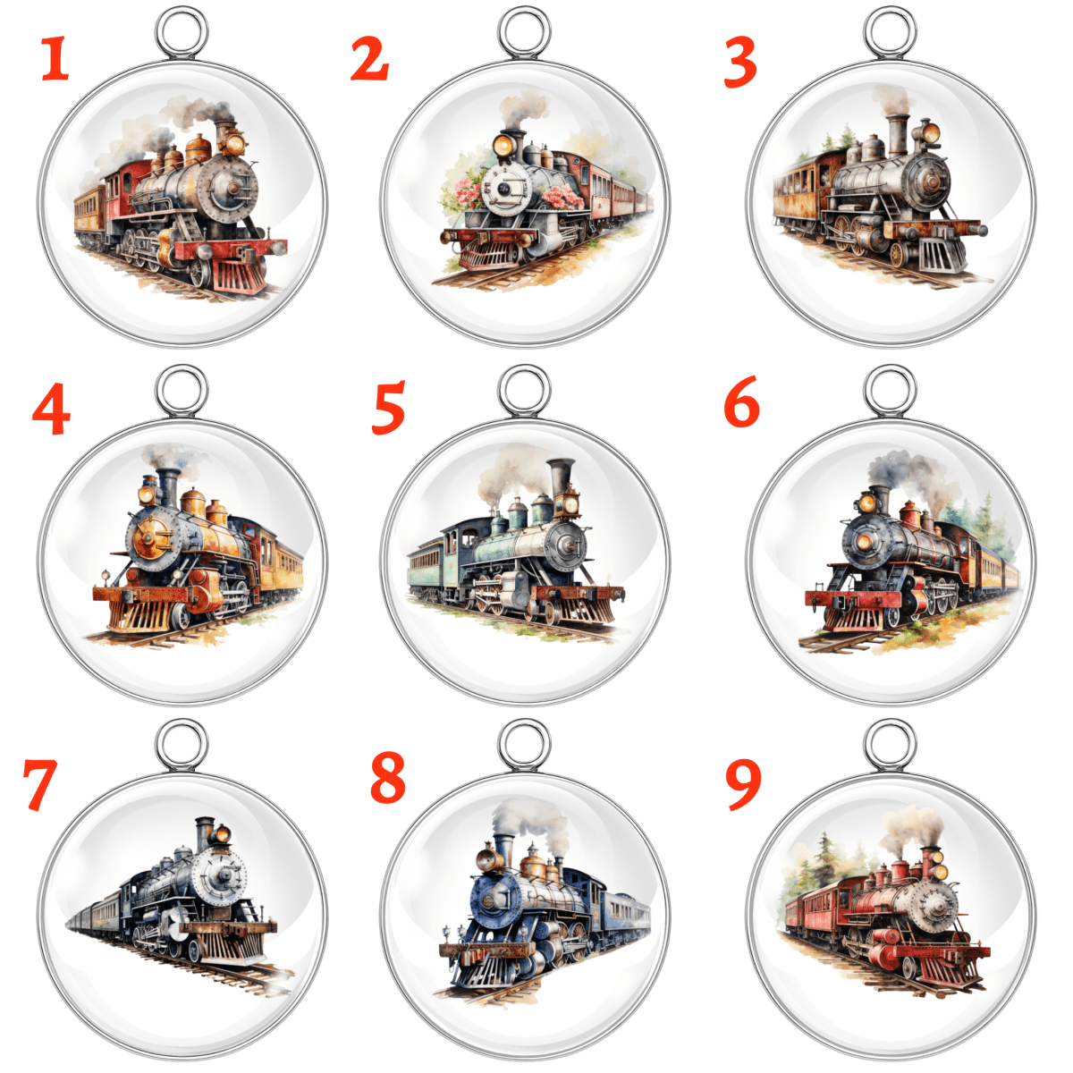 9 Vintage Train Engine Glass Cabochon Charms with Steam Locomotive Artwork in Silver Frame β Perfect for Jewelry and Craftsβ