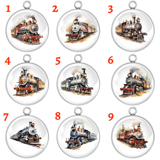 9 Vintage Train Engine Glass Cabochon Charms with Steam Locomotive Artwork in Silver Frame β Perfect for Jewelry and Craftsβ