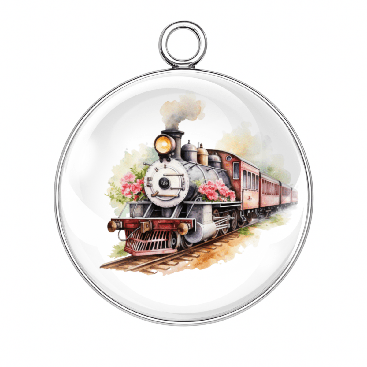 White Train with Pink Floral Decor in Glass Cabochon Charm