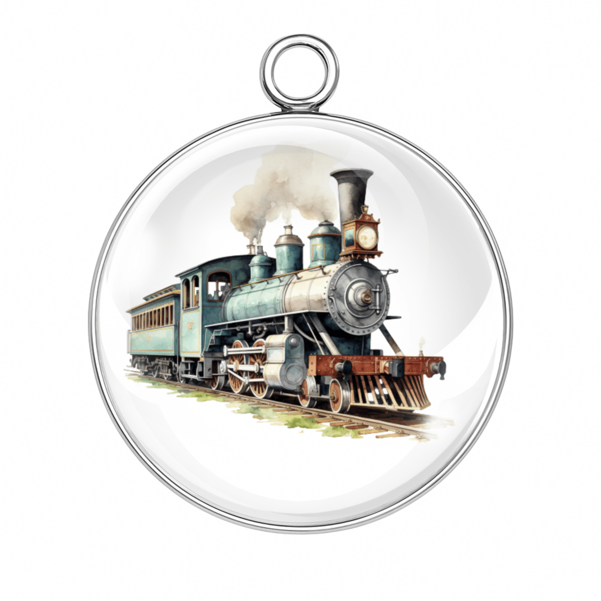 Green Steam Train Charm with Rustic Cabin Car