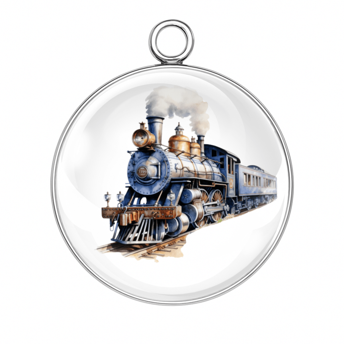 Blue Locomotive with Smokestack in Antique Railway Style