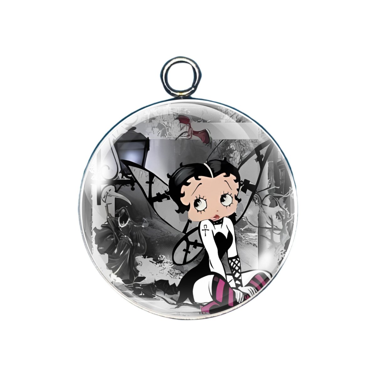 Gothic grayscale Betty with wings and graveyard background
