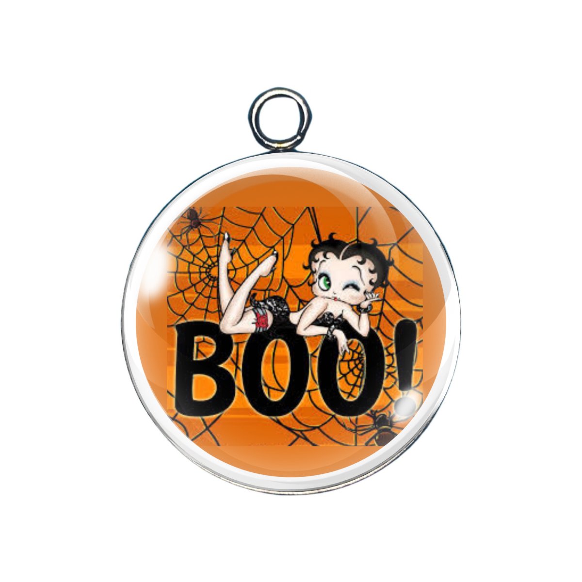 Betty Boop in spider web with orange "BOO!" background