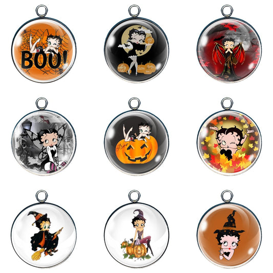 9 Halloween-themed Betty Boop cabochon charms with witch, pumpkin, and spooky fall designs