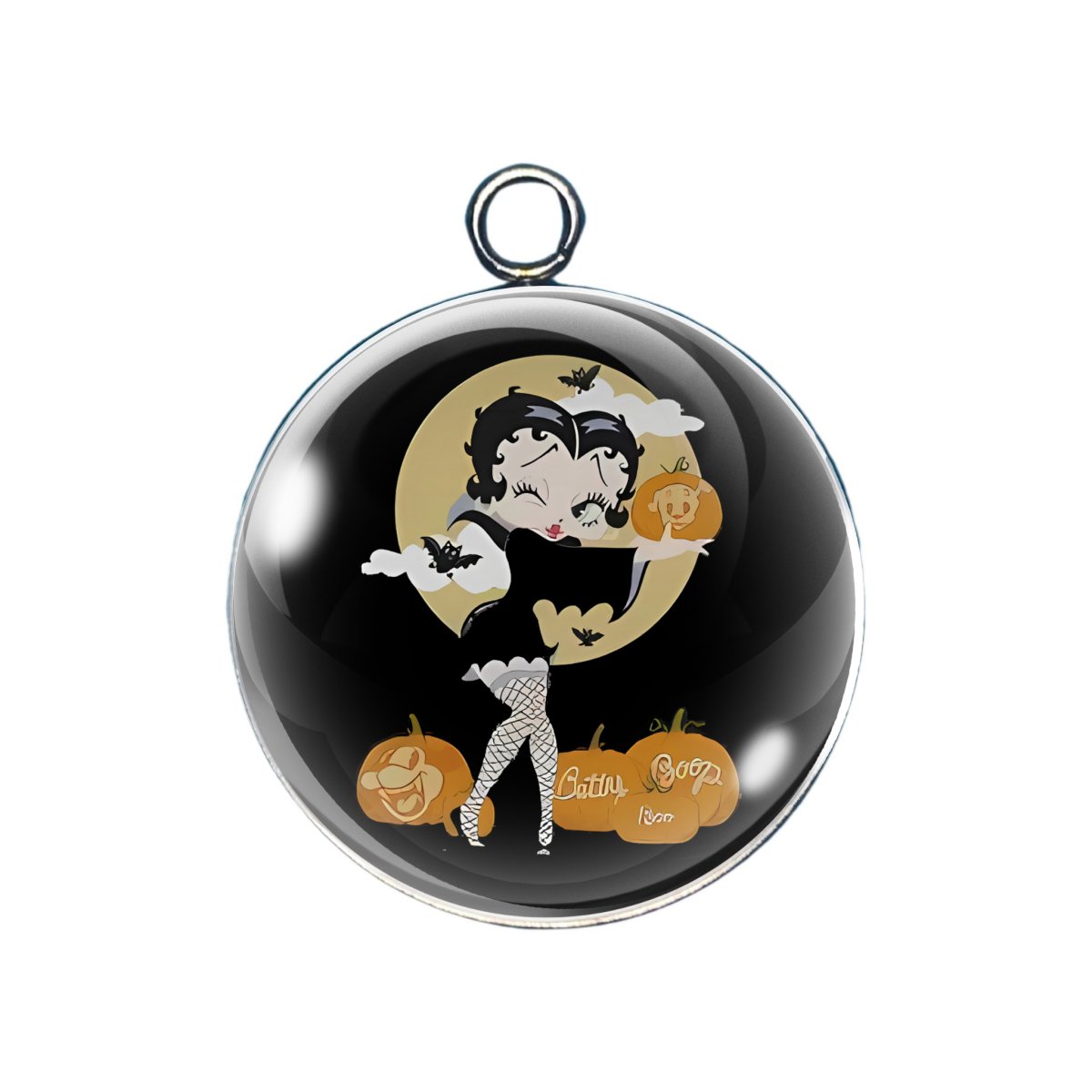 Betty in moonlight with pumpkins, fishnets, and heels