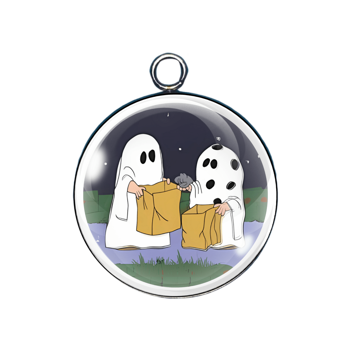 Circular pendant with cartoon ghosts holding bags against a night sky background