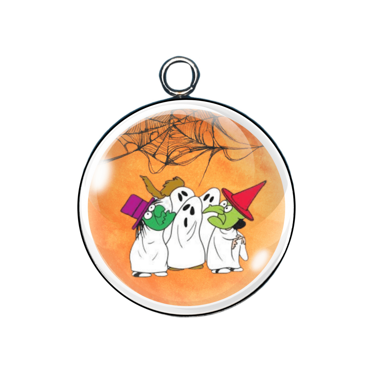 Peanuts ghosts in witch hats under orange tree