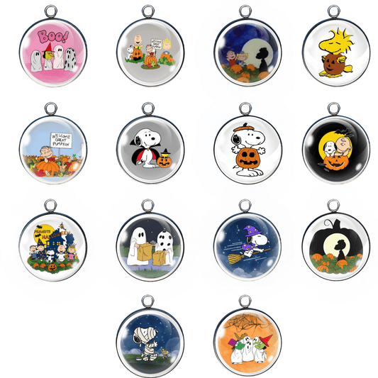 Collection of Snoopy-themed pendants with various designs on a white background