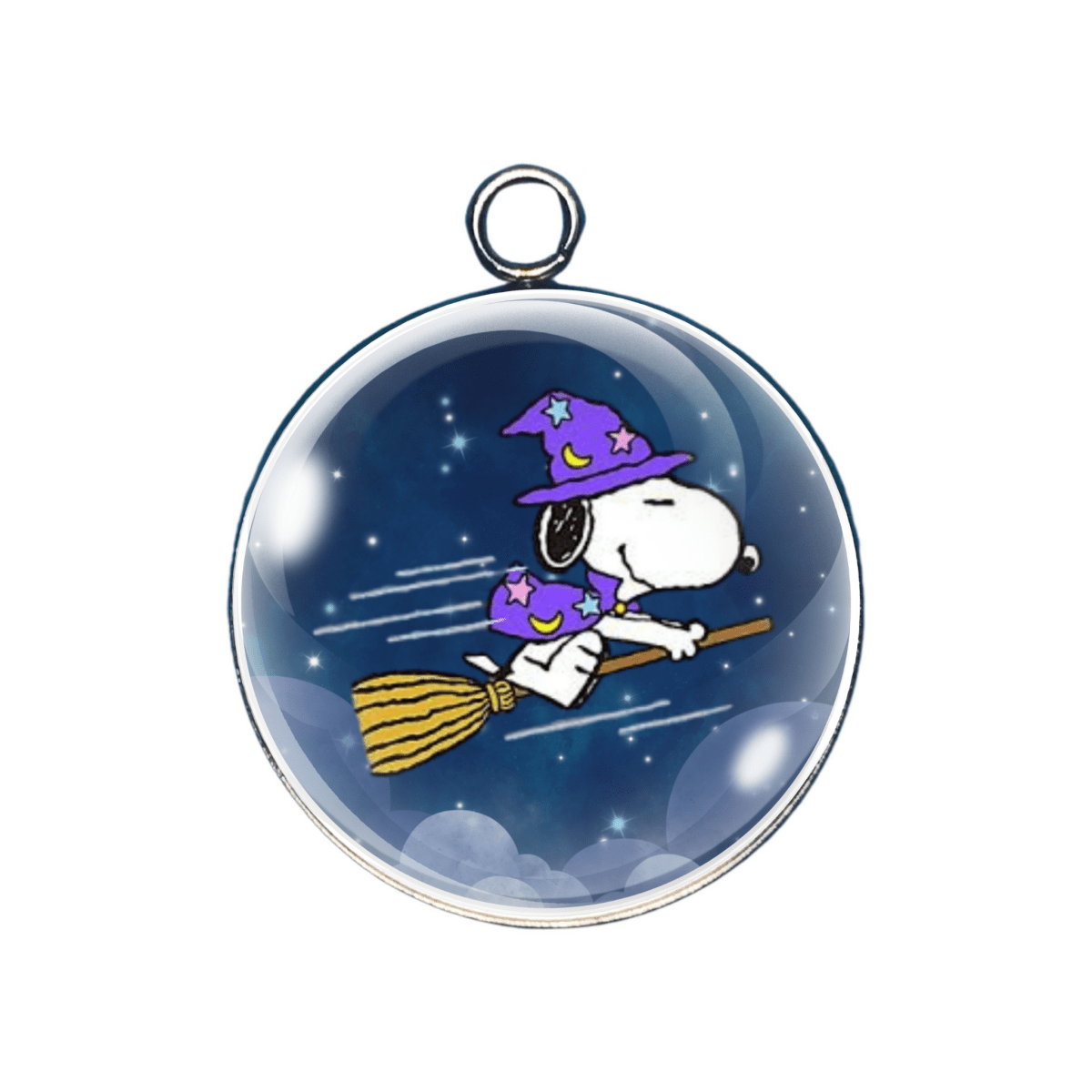 Snoopy in witch costume flying on broomstick