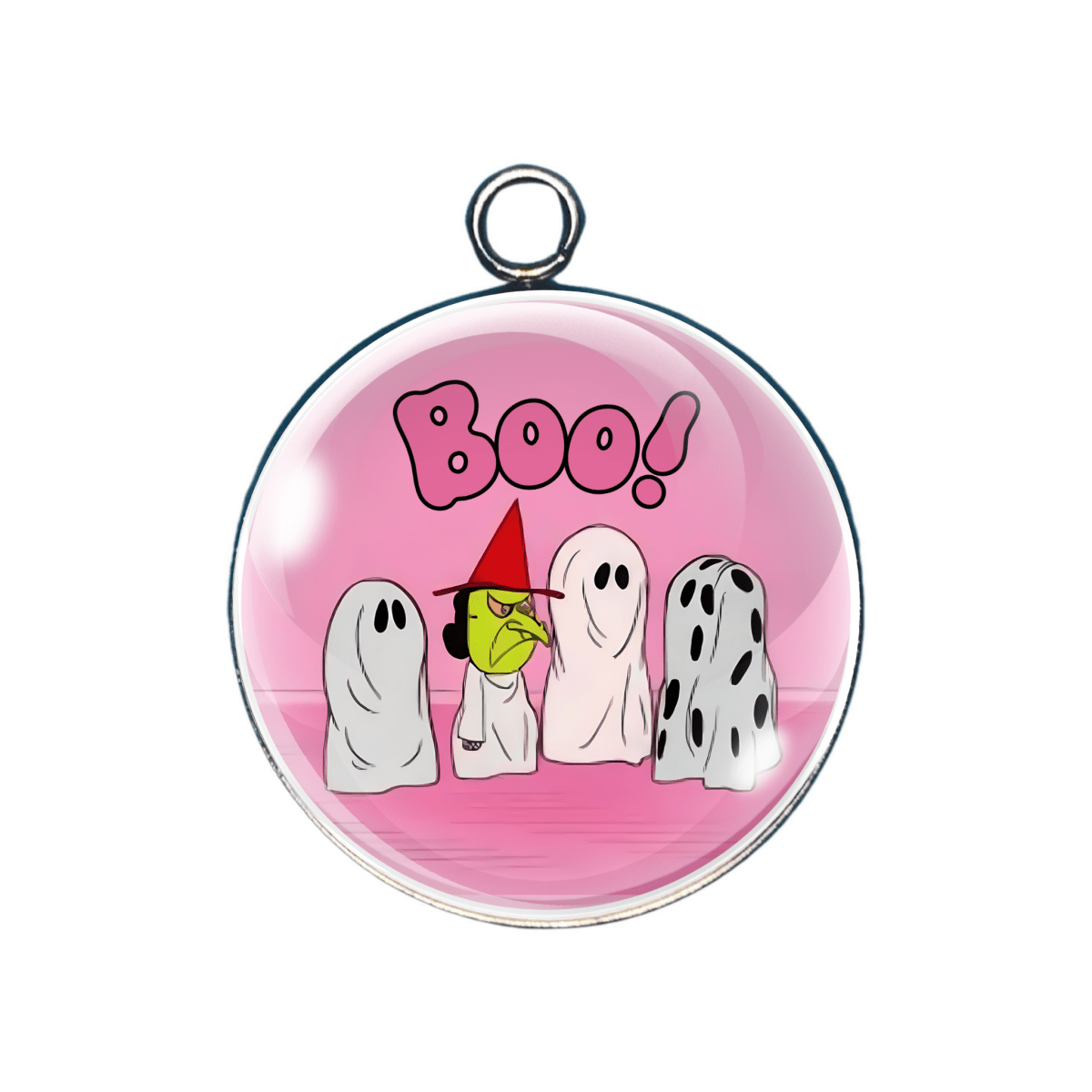 Peanuts gang in ghost costumes with pink background and "Boo!" text
