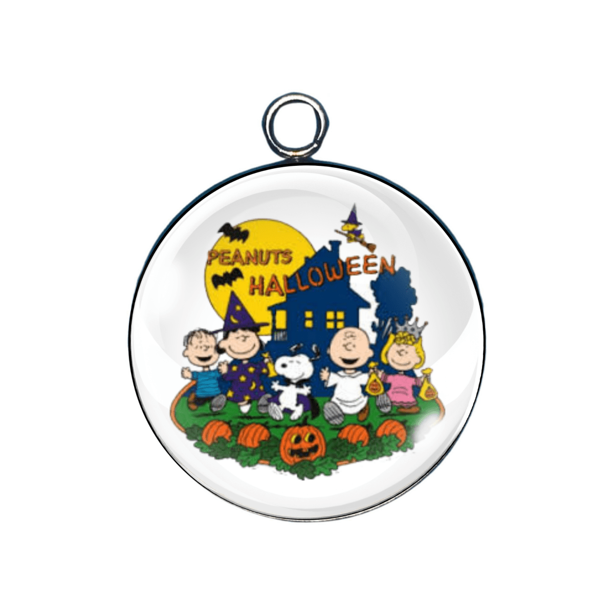 Circular pendant with Peanuts Halloween design featuring cartoon characters around a haunted house.